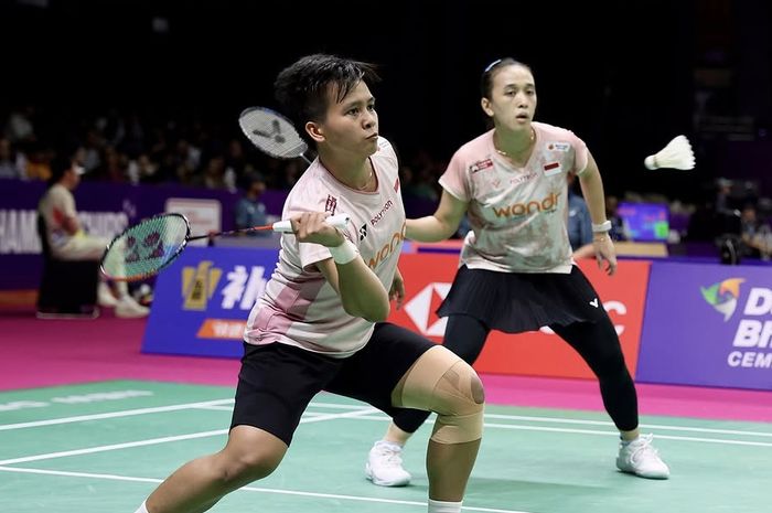 Ganda putri Indonesia, Febriana Dwipuji Kusuma/Meilysa Trias Puspitasari, pada babak 32 besar Kejuaraan Dunia 2026  di Indira Gandhi Indoor Stadium, New Delhi, India, Rabu (19/8/2026).