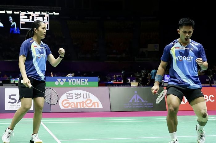 Pasangan ganda campuran Indonesia, Amri Syahnawi/Nita Violina Marwah, pada babak 16 besar Kejuaraan Dunia 2026 di Indira Gandhi Indoor Stadium, New Delhi, India, Kamis, 20 Agustus 2026.