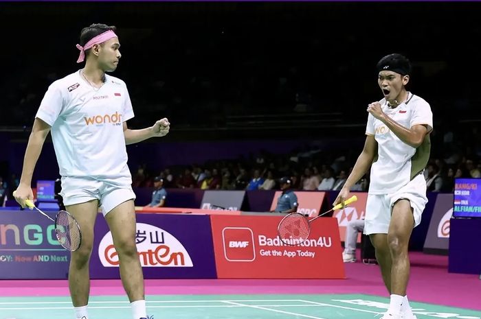 Ganda putra Indonesia, Fajar Alfian/Muhammad Shohibul Fikri, pada babak 16 besar Kejuaraan Dunia 2026  di Indira Gandhi Indoor Stadium, New Delhi, India, Kamis (20/8/2026).