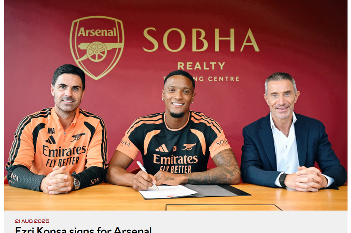 Arsenal meresmikan kedatangan bek Timnas Inggris, Ezri Konsa (tengah), sebagai rekrutan bursa transfer musim panas, Jumat (21/8/2026).