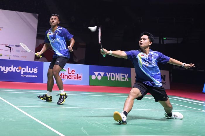 Pasangan ganda putra Indonesia, Wahyu Agung Prasetyo/Pulung Ramadhan, pada semifinal International Challenge 2026 di GOR Terpadu, Ahmad Yani, Kalimantan Barat, Sabtu (29/8/2026).