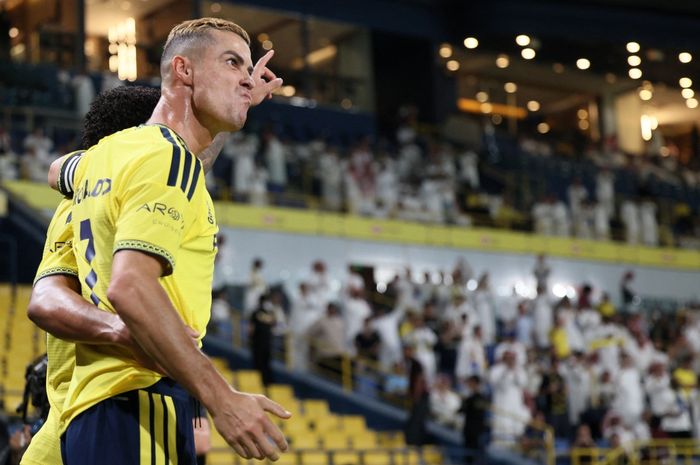 Ekspresi Cristiano Ronaldo saat merayakan golnya ke gawang Abha saat membawa Al Nassr unggul dalam lanjutan Liga Arab Saudi 2026-2027.