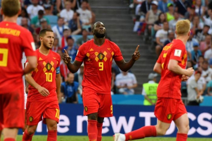 Striker timnas Belgia, Romelu Lukaku (9), merayakan gol ke gawang Panama dalam laga Grup G Piala Dunia 2018 di Fisht Stadium, Sochi, 18 Juni 2018.