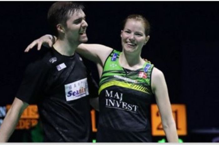 Ekspresi Mathias Christiansen/Christinna Pedersen  setelah menngalahkan Tontowi Ahmad/Liliyana Natsir di perempat final China Open 2017.