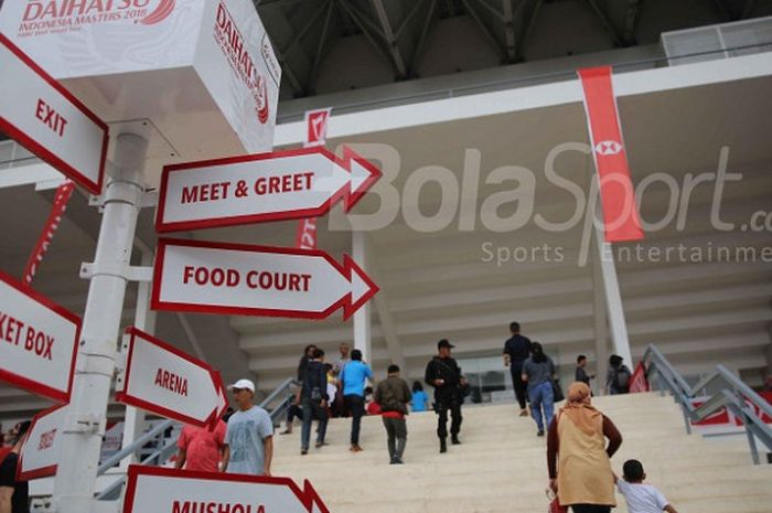  Papan penunjuk arah Indonesia Masters 2018 di area Istora Senayan, Jakarta. 