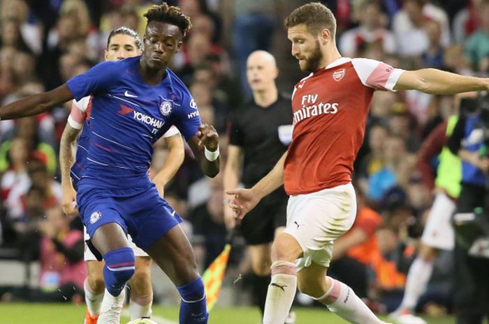 Penyerang Chelsea, Callum Hudson-Odoi, beraksi pada laga International Champions Cup 2018 melawan Arsenal di Aviva Stadium, Dublin, pada 1 Agustus 2018.