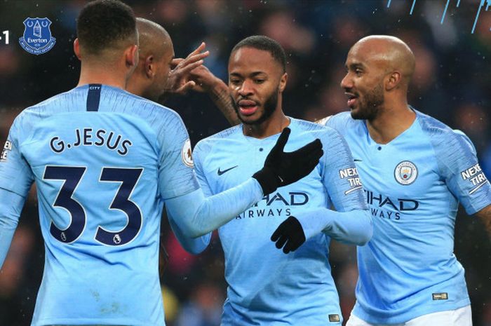 Para Manchester City merayakan kemenangan 3-1 atas Everton dalam laga pekan ke-17 Liga Inggris di Stadion Etihad, Sabtu (15/12/2018).