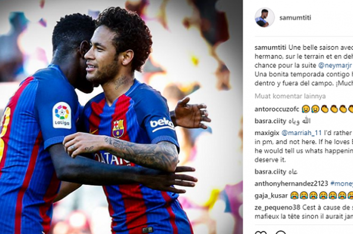 Samuel Umtiti, Bek Barcelona, ucapkan salam perpisahan lewat unggahan di akun instagramnya.