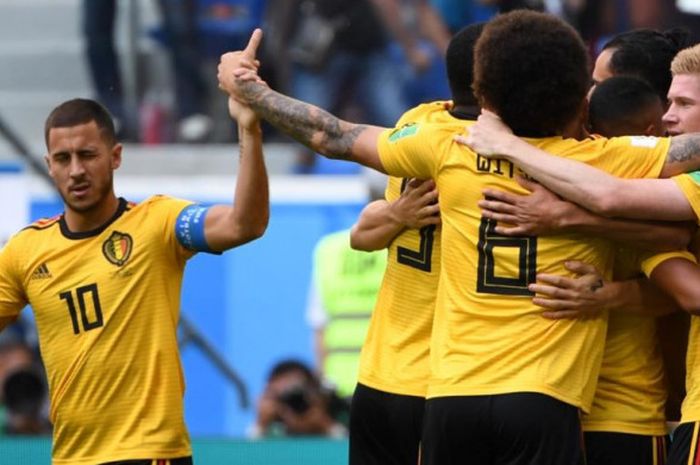 Pemain Belgia merayakan gol Thomas Meunier ke gawang Inggris dalam duel perebutan tempat ketiga Piala Dunia 2018 di Saint Petersburg Stadium, 14 Juli 2018.