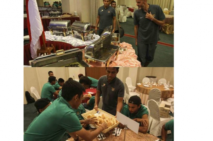 pemain timnas saat santap makan malam di hotel Malaysia