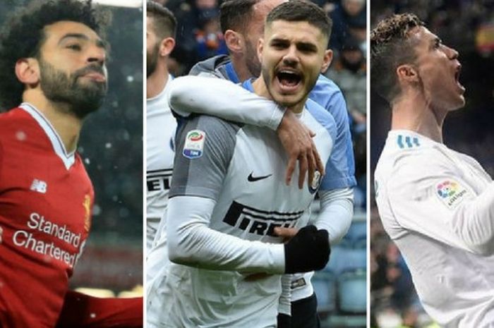 Kolase ekspresi Mohamed Salah (kiri), Mauro Icardi (tengah) dan Cristiano Ronaldo (kanan) usai cetak quattrick pada akhir pekan ini.