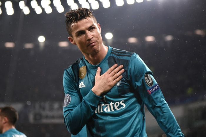  Mantan  Megabintang Real Madrid, Cristiano Ronaldo, merayakan gol yang dicetak ke gawang Juventus dalam laga leg pertama perempat final Liga Champions di Stadion Allianz, Turin, Italia pada 3 April 2018.    