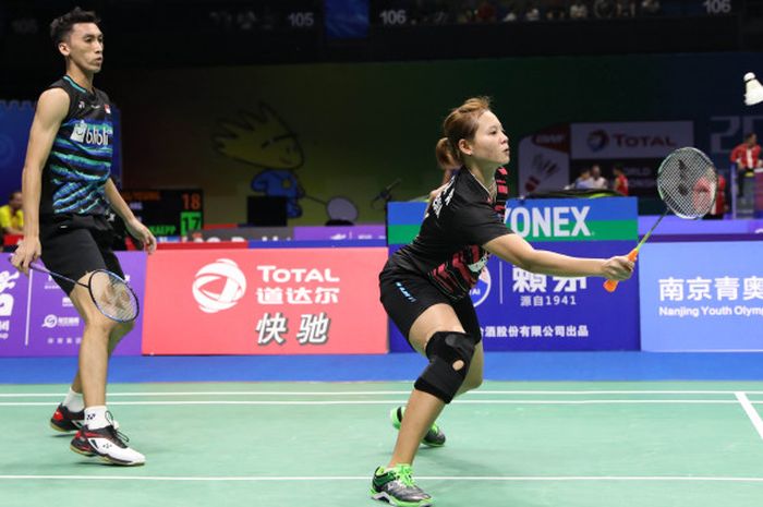 Pasangan ganda campuran Indonesia, Ronald Alexander/Annisa Saufika, tampil pada laga babak kedua Kejuaraan Dunia 2018, di Nanjing Olympic Sports Centre, China, Selasa (31/7/2018).