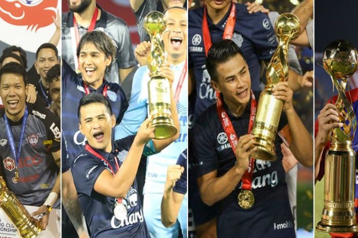 Kiri ke kanan: Para juara Mekong Club Championship, Muangthong United (2017), Buriram United (2015 & 2016), dan Becamex Binh Duong (2014).