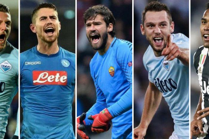 Lima bintang Liga Italia yang diisukan akan hengkang ke Liga Inggris (dari kiri ke kanan): Sergej Milinkovic-Savic (Lazio), Jorginho (Napoli), Alisson Becker (AS Roma), Stefan De Vrij (Lazio), Alex Sandro (Juventus).