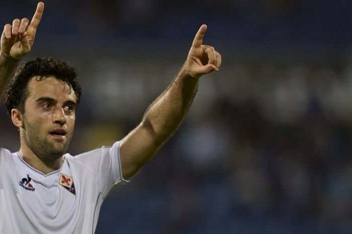 Penyerang Fiorentina, Giuseppe Rossi, merayakan gol ke gawang Os Belenenses, dalam laga Liga Europa di Stadion Restelo, 1 Oktober 2015. 