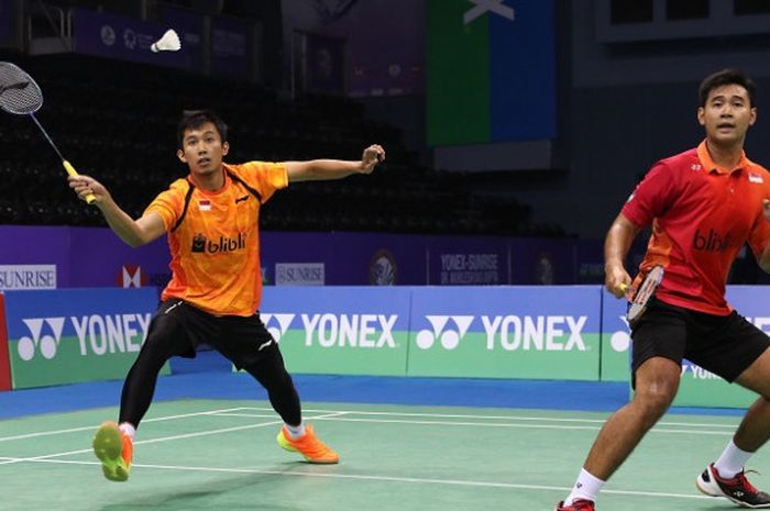 Pasangan ganda putra Indonesia, Angga Pratama/Rian Agung Saputro, tampil pada perempat final India Terbuka yang berlangsung di Siri Fort Indoor Stadium, Jumat (2/2/2018).