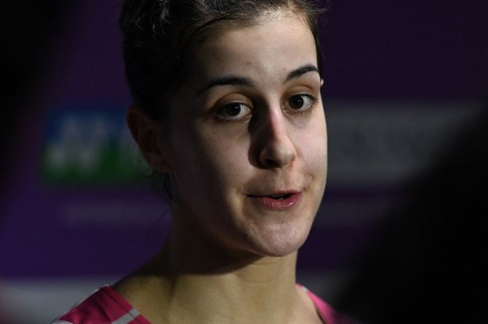 Pebulu tangkis tunggal putri Spanyol, Carolina Marin, berbicara kepada media di sela penyelenggaraan India Open 2018 di Siri Fort Indoor Stadium, Kamis (1/2/2018).