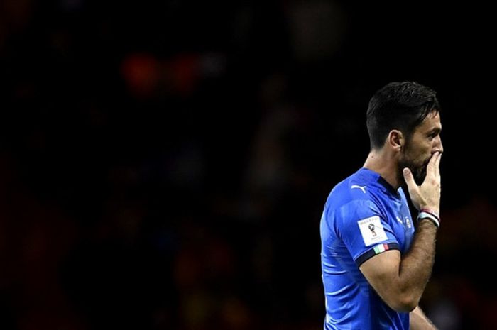 Reaksi kiper Italia, Gianluigi Buffon, dalam laga Kualifikasi Piala Dunia 2018 zona Eropa kontra Makedonia di Stadion Olimpico di Torino, Turin, pada 6 Oktober 2017.