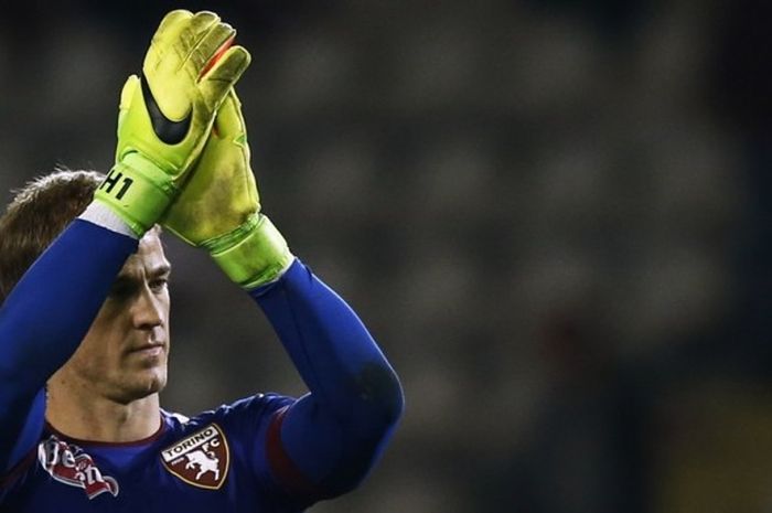 Reaksi kiper Torino, Joe Hart, seusai melakoni laga Serie A kontra Inter Milan di Stadion Olimpico Grande Torino, Turin, Italia, pada 18 Maret 2017.