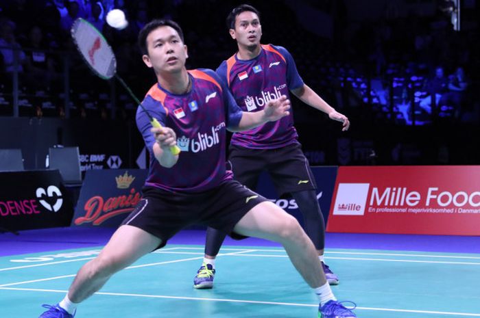 Ganda putra Indonesia, Mohammad Ahsan/Hendra Setiawan, saat tampil pada partai semifinal Denmark Open 2018 yang digelar pada Sabtu (20/10/2018).