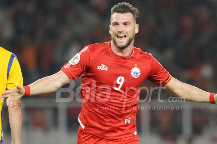 Selebrasi penyerang Persija Jakarta, Marko Simic, seusai mencetak gol ke gawang Tampines Rovers, Rabu (28/2/2018).