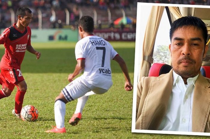 Gelandang Semen Padang, Riko Simanjuntak (kiri) duel dengan pemain Bali United, Miftahul Hamdi, pada laga lanjutan TSC di Stadion H. Agus Salim, Senin (3/10/2016). Inset: Pelatih Semen Padang, Nil Maizar mengenakan jas kuning barunya.