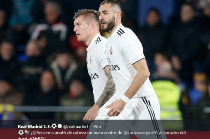 Striker Real Madrid, Karim Benzema, dalam partai kontra Villarreal di Estadio de la Ceramica, Kamis (3/1/2019)