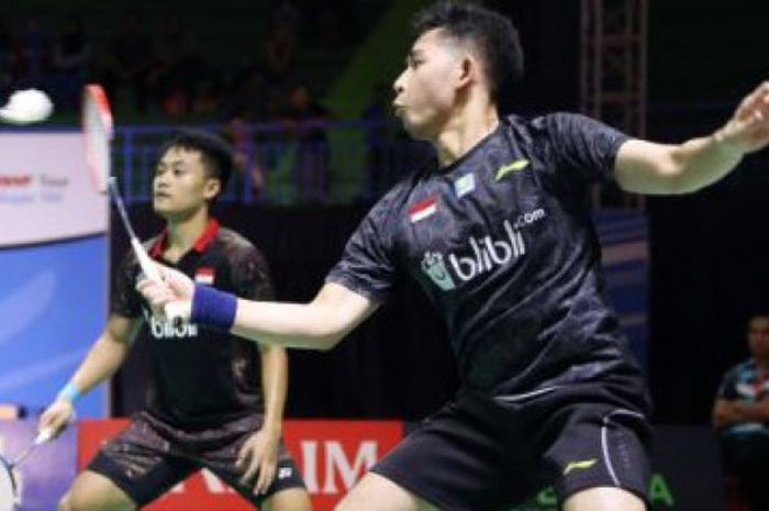 Pasangan ganda putra Indonesia, Akbar Bintang Cahyono/Mohammad Reza Pahlevi Isfahani, yang tampil di ajang Bangka Belitung Indonesia Masters 2018. 