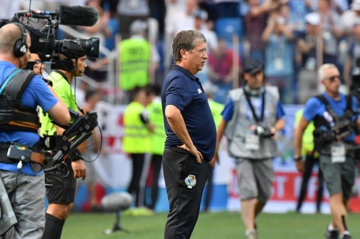  Ekspresi pelatih Panama, Hernan Dario Gomez, dalam laga Grup G Piala Dunia 2018 kontra Inggris di Nizhny Novgorod Stadium, Nizhniy Novgorod, Rusia pada 24 Juni 2018. 