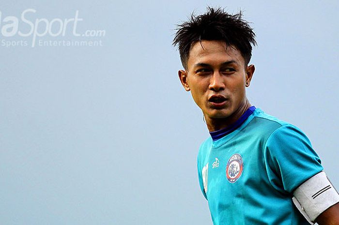 Ekspresi pemain Arema FC, Johan Ahmad Alfarizie.