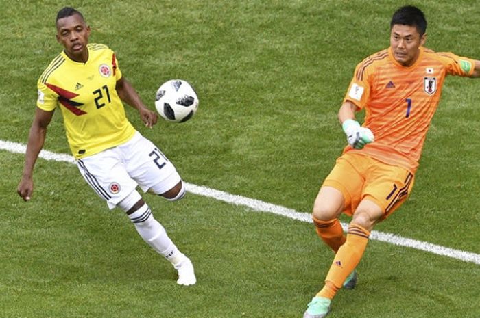 Kiper Jepang, Eiji Kawashima, dalam partai penyisihan grup Piala DUnia 2018 kontra Kolombia di Mordovia Arena, Selasa (19/6/2018).