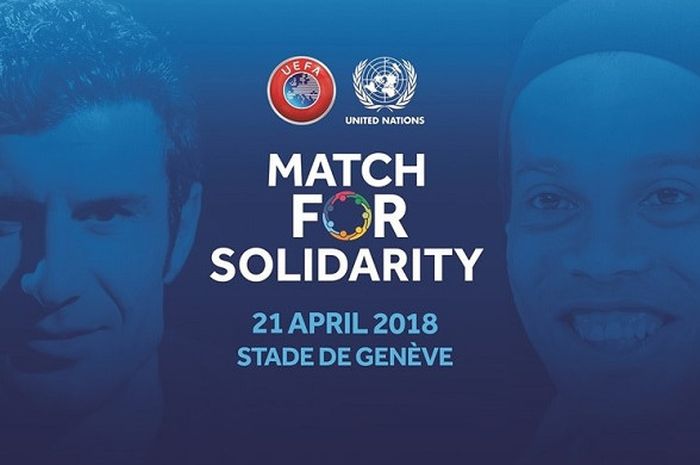 Laga amal UEFA dan PBB mempertemukan tim Luis Figo melawan tim Ronaldinho di Stade de Geneve pada 21 April 2018