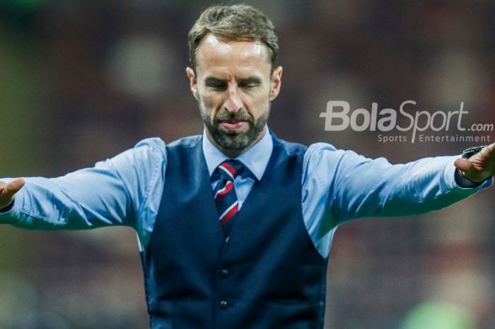 Ekspresi pelatih timnas Inggris, Gareth Southgate, usai timnya dikalahkan Kroasia dengan skor 1-2 pada babak semifinal Piala Dunia 2018.