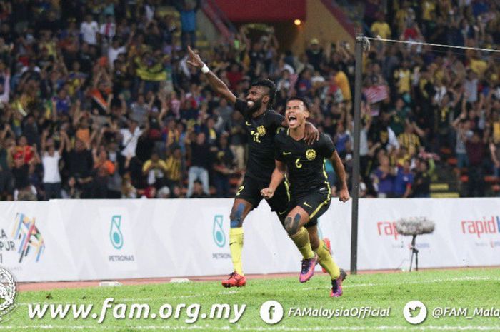 Aksi striker Malaysia, Thanabalan Nadarajah, setelah mencetak gol di ajang SEA Games 2017.