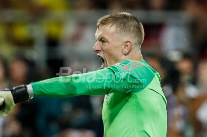  Reaksi kiper Jordan Pickford yang menjadi pahlawan kemenangan Inggris atas Kolombia dalam adu penalti pada duel babak 16 besar Piala Dunia 2018 di Stadion Spartak, Moskow, 3 Juli 2018. 