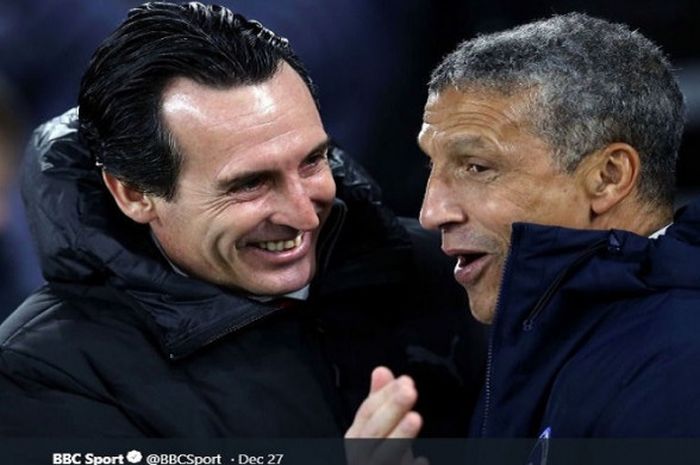 Manajer Arsenal, Unai Emery, bersama pelatih Brighton & Hove Albion, dalam laga pekan ke-19 Liga Inggris, Rabu (26/12/2018) di Stadion The American The American Express Community, Falmer.