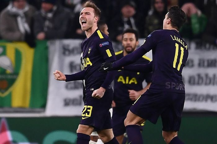 Gelandang Tottenham Hotspur, Christian Eriksen, melakukan selebrasi setelah mencetak gol ke gawang Juventus pada laga leg pertama babak 16 besar Liga Champions di Allianz Stadium, Selasa (13/2/2018) waktu setempat.