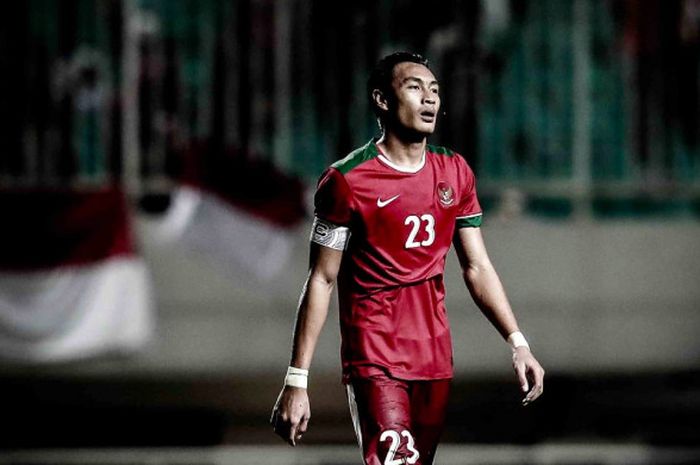 Hansamu Yama dalam laga uji coba kontra Korea Selatan di Stadion Pakansari, Bogor, Sabtu (23/6/2018).