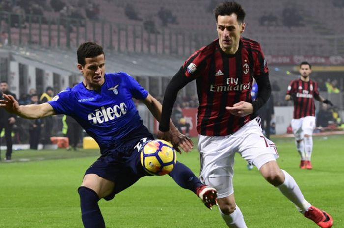 Aksi bek Lazio, Luiz Felipe Ramos (kiri), saat berduel dengan striker AC Milan, Nikola Kalinic, dalam laga leg 1 semifinal Coppa Italia 2017-2018 di Stadion San Siro, Milan, Italia, pada Rabu (31/1/2018).