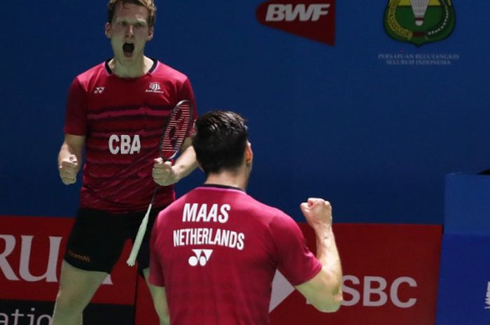 Ganda putra Belanda, Jelle Maas/Robin Tabeling di babak pertama Indonesia Open 2018, Rabu (4/6/2018), di Istora Senayan, Jakarta.