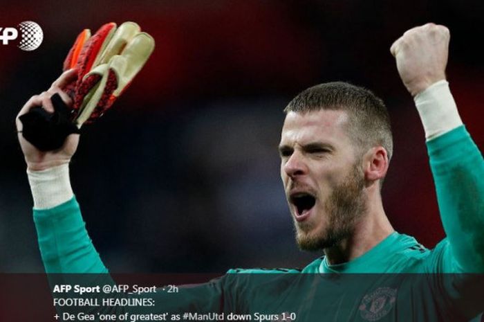 Kiper Manchester United, David de Gea, jadi pahlawan kemenangan tim di kandang Tottenham Hotspur, Wembley, London, 13 Januari 2019.