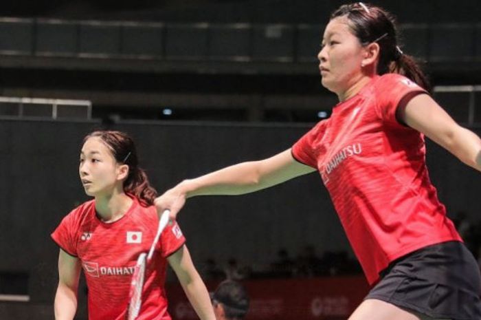 Misaki Matsutomo/Ayaka Takahashi saat bertanding di babak perempat final Jepang Terbuka 2017, Jumat (24/9/2017).