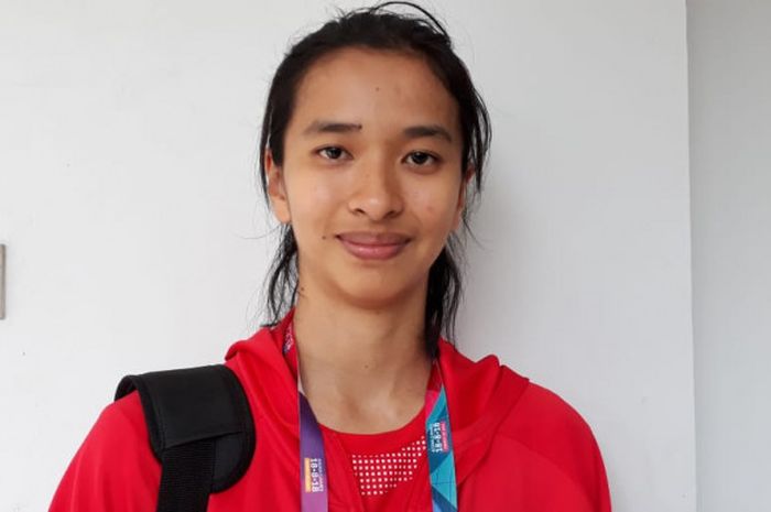 Atlet sepak takraw putri, Cristy Florensia, seusia menghadapi Vietnam pada semifinal quadrant di Ranau Hall Jakabaring, Palembang, Sumatra Selatan pada Jumat (31/8/2018).