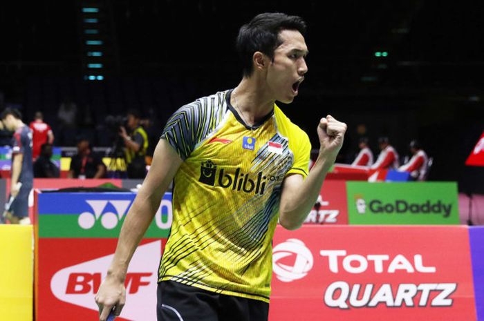 Momen ketika Jonatan Christie merayakan kemenangannya kala mengandaskan wakil Malaysia, Lee Zii Jia di partai perempat final Piala Thomas 2018, Kamis (24/5/2018).