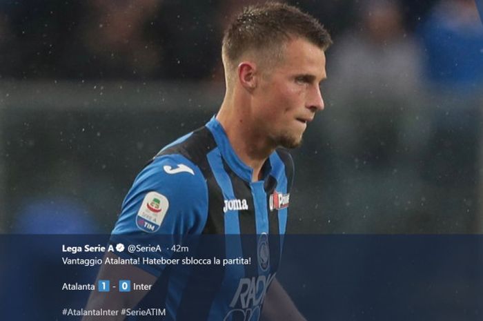 Pemain Atalanta, Hans Hateboer, mencetak gol yang membuat timnya unggul 1-0 atas Inter Milan di babak pertama laga lanjutan Liga Italia di Stadion Atleti Azzurri d'Italia, Minggu (11/11/2018). 