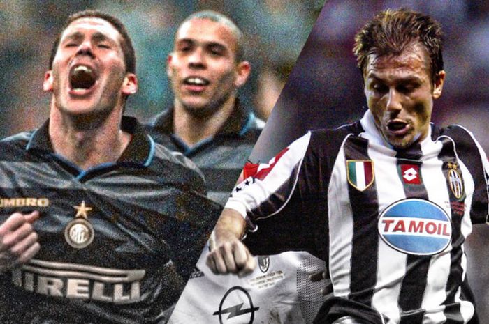 Kiri: Diego Simeone saat merayakan gol untuk Inter Milan ke gawang Strasbourg dalam partai Piala UEFA, 9 Desember 1997.Kanan: Antonio Conte beraksi dalam duel Juventus lawan AC Milan pada final Liga Champions di Old Trafford, 28 Mei 2003.