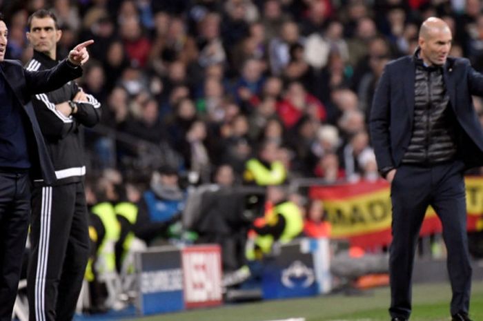 Ekspresi pelatih Paris Saint-Germain, Unai Emery (kiri), dalam laga leg pertama babak 16 besar Liga Champions kontra Real Madrid di Stadion Santiago Bernabeu, Madrid, Spanyol, pada 14 Februari 2018.