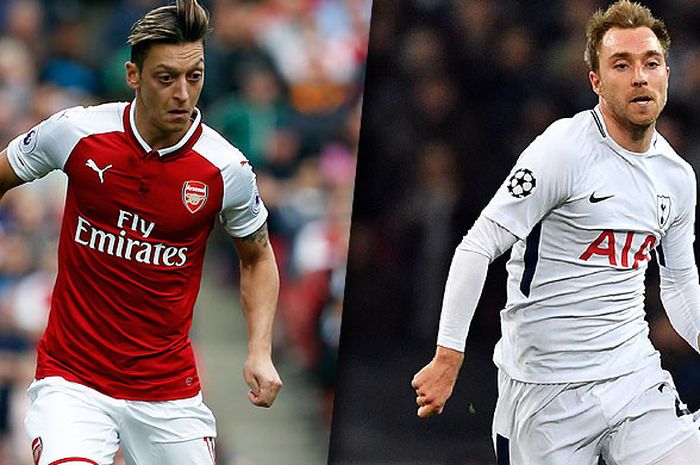 Gelandang Arsenal, Mesut Oezil (kiri), yang performanya sedang membaik harus bisa meredam ketajaman Christian Eriksen (Tottenham).