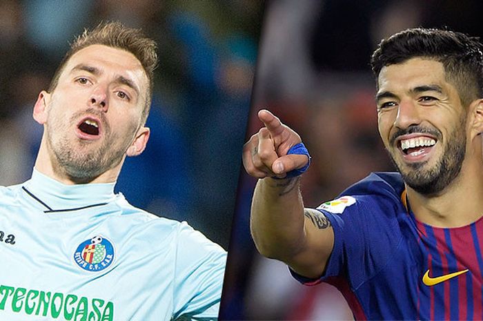 Striker Barcelona, Luis Suarez (kanan), siap menghujani gawang Getafe yang dikawal Vicente Guaita (kiri) dengan banyak gol.